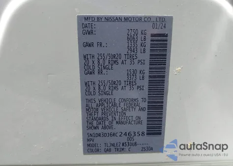 2024 Nissan Pathfinder Platinum 4Wd z USA, uszkodzony, nr VIN 5N1DR3DJ6RC246358